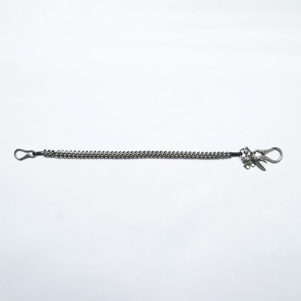 Edgy punk waist chain with skull and feather charms, durable alloy, lobster clasps, bold apocalyptic style, spine-inspired design.