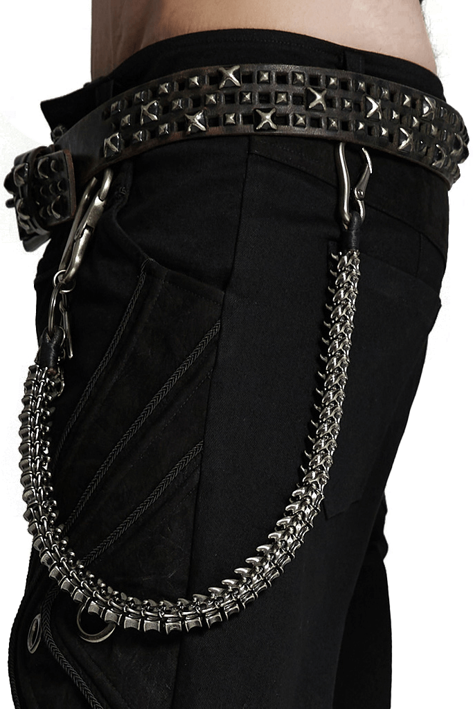 Edgy skeleton waist chain with large lobster clasps and eagle claw charms, perfect for an apocalyptic punk look.