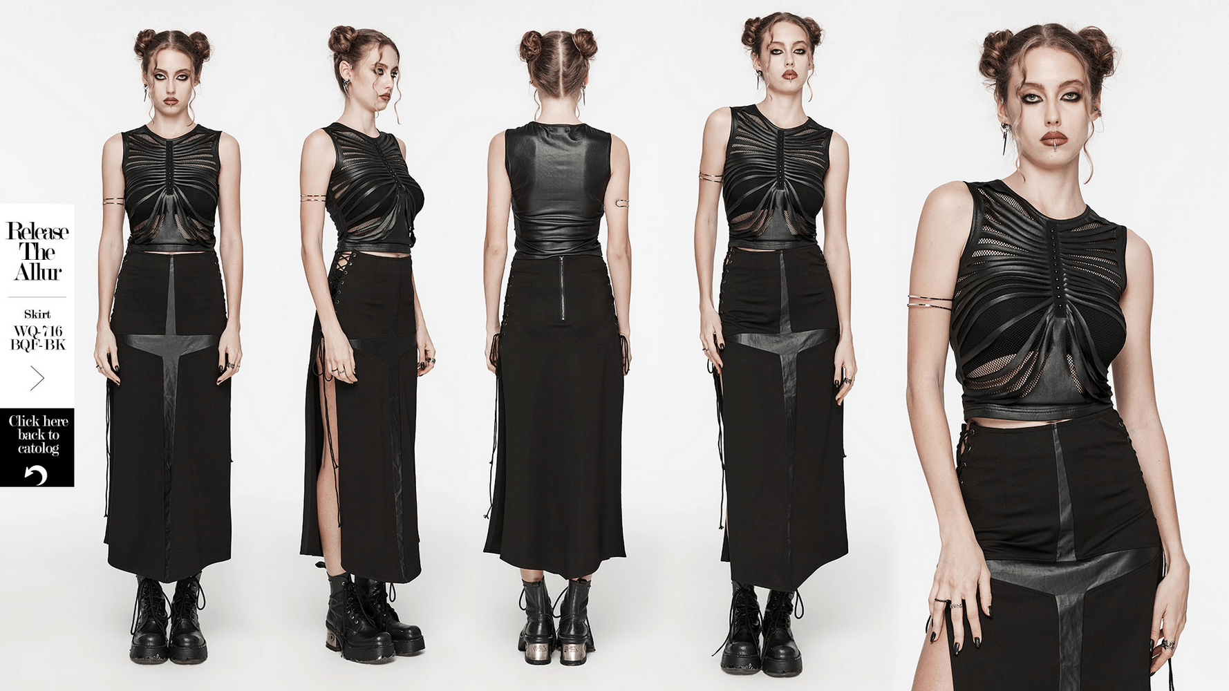 Edgy sleeveless black crop top with ribbed design, paired with a stylish black skirt for a punk look.