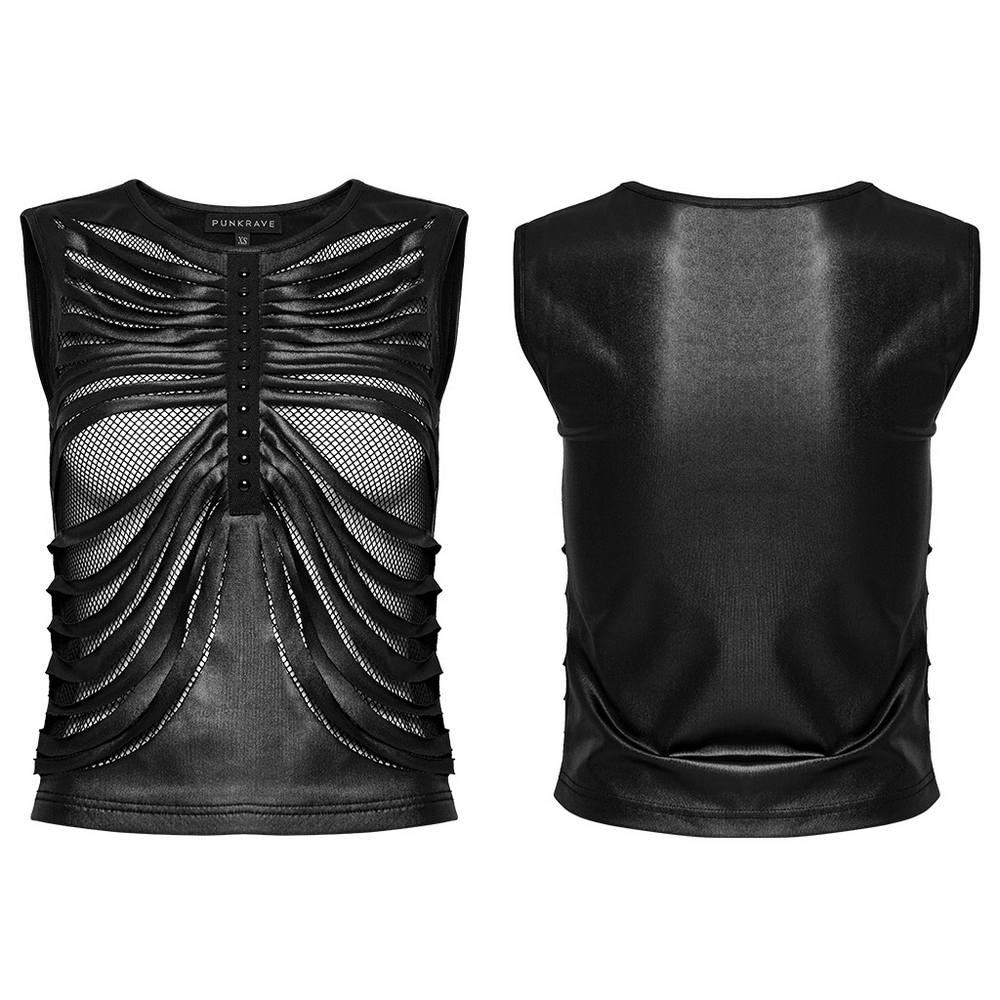 Edgy sleeveless crop top for women featuring mesh detailing and ribbed design, perfect for a punk aesthetic.