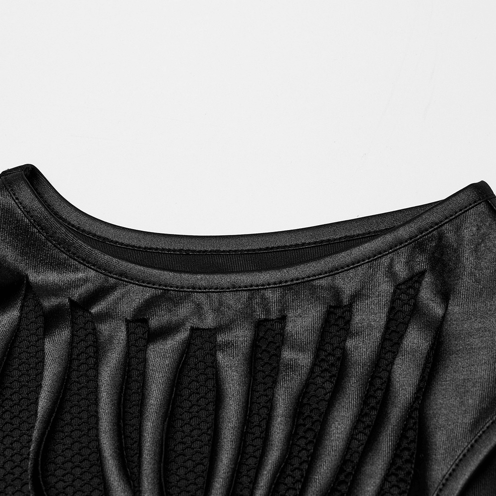 Close-up of the edgy sleeveless black crop top showcasing ribbed design and mesh details.
