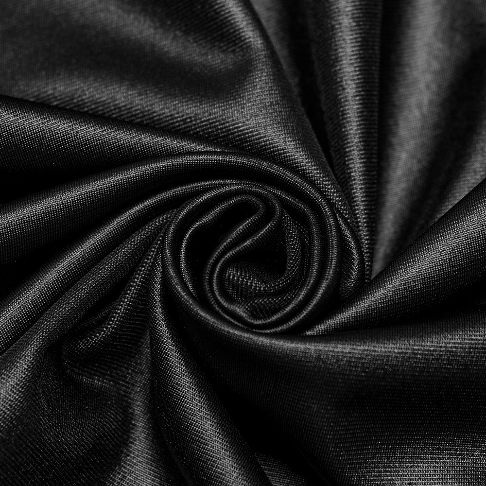 Close-up of sleek black fabric, showcasing its smooth texture and elegant sheen, perfect for stylish apparel.