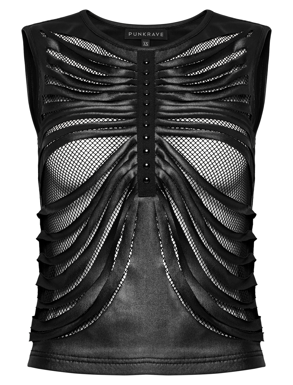 Edgy sleeveless black crop top with ribbed design and mesh details for women, perfect for punk-inspired outfits.