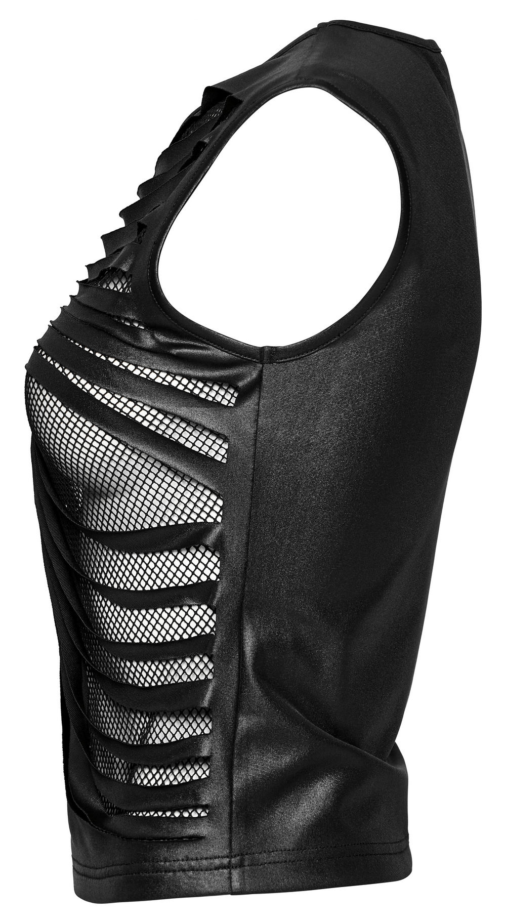 Edgy sleeveless crop top for women featuring ribbed design and mesh details in black.