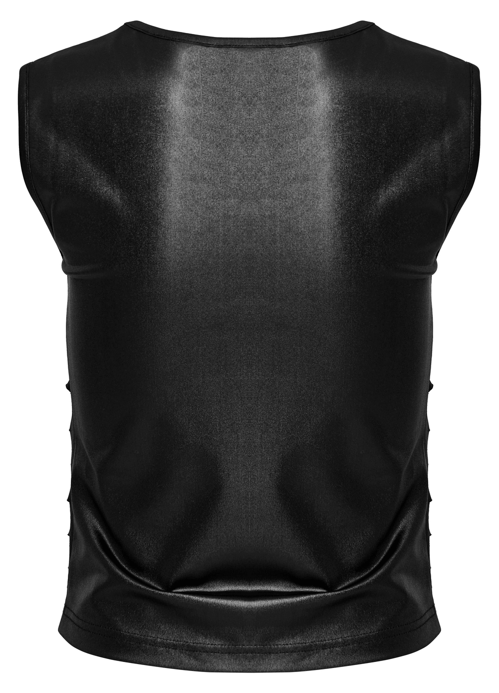 Back view of an edgy sleeveless black crop top with a sleek elastic mesh design for women.