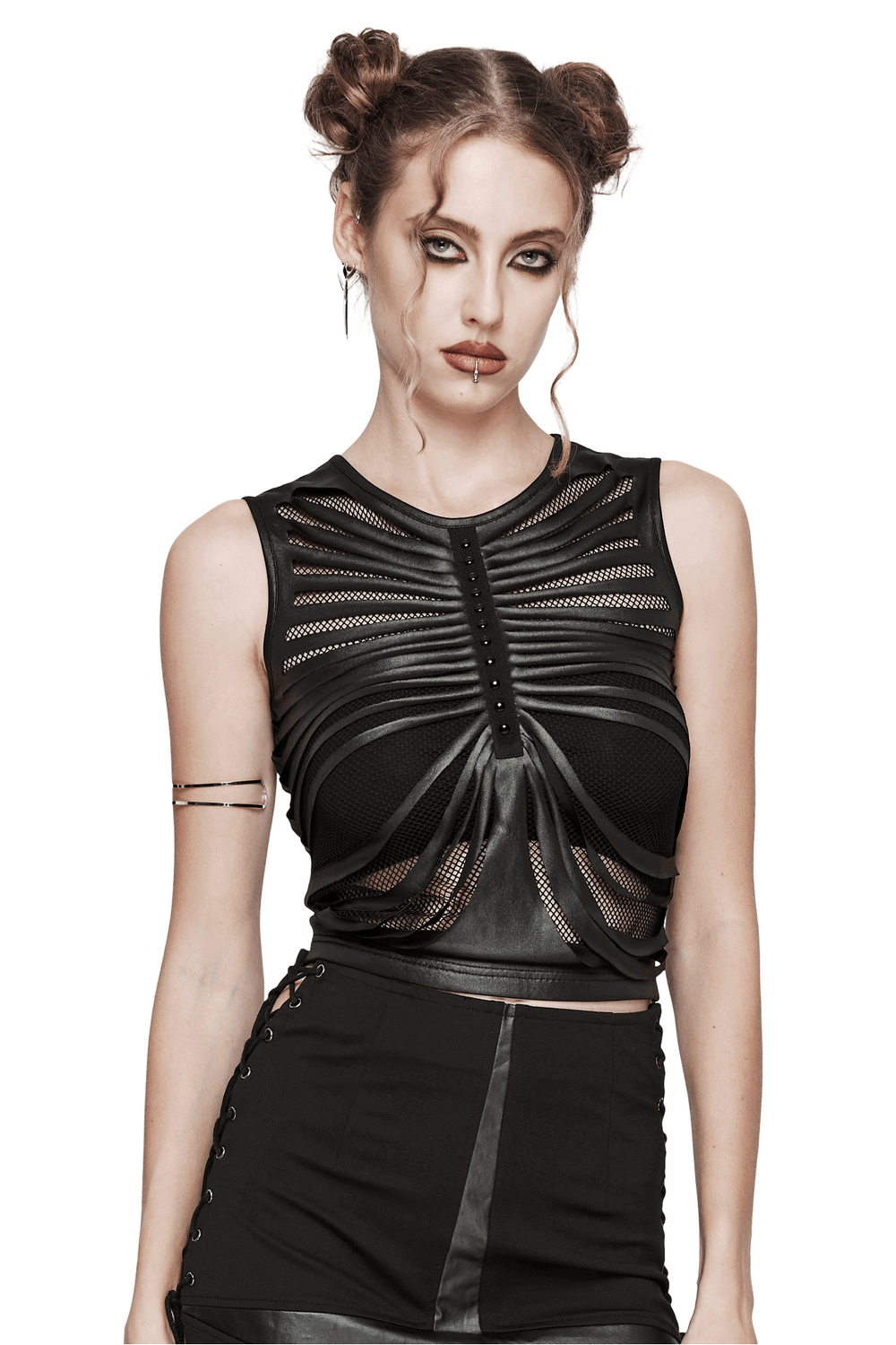 Edgy sleeveless black crop top with mesh details and ribbed design, perfect for punk style outfits.