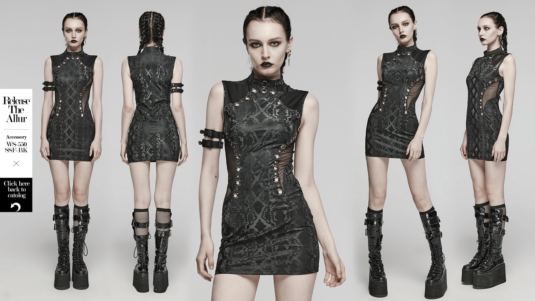 Edgy snake-skin patterned sleeveless punk dress with metal eyelets and hollowed-out waistline, showcasing a bold style.