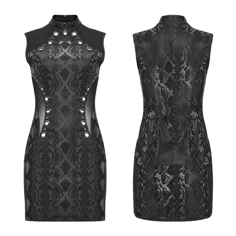Edgy sleeveless punk dress in snake-skin pattern featuring metal eyelets and a sleek zippered back.