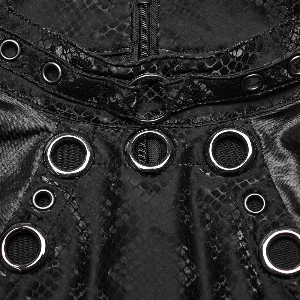 Close-up of edgy snake-skin patterned punk dress with metal eyelets and zippered back detail.