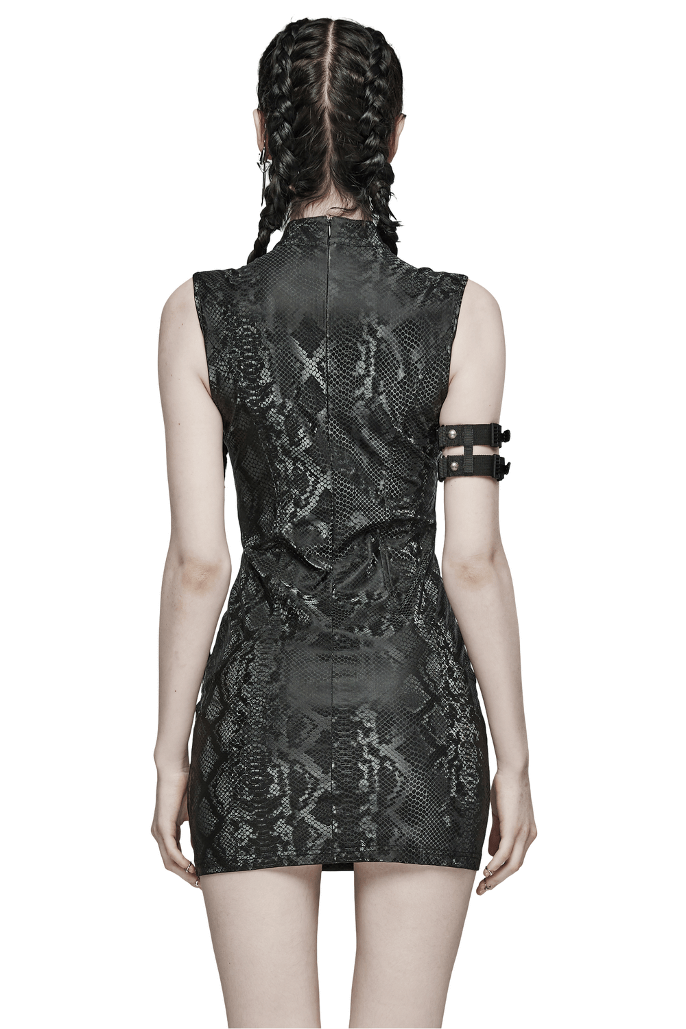 Back view of an edgy sleeveless snake-skin patterned punk dress featuring metal eyelets and a zippered back.