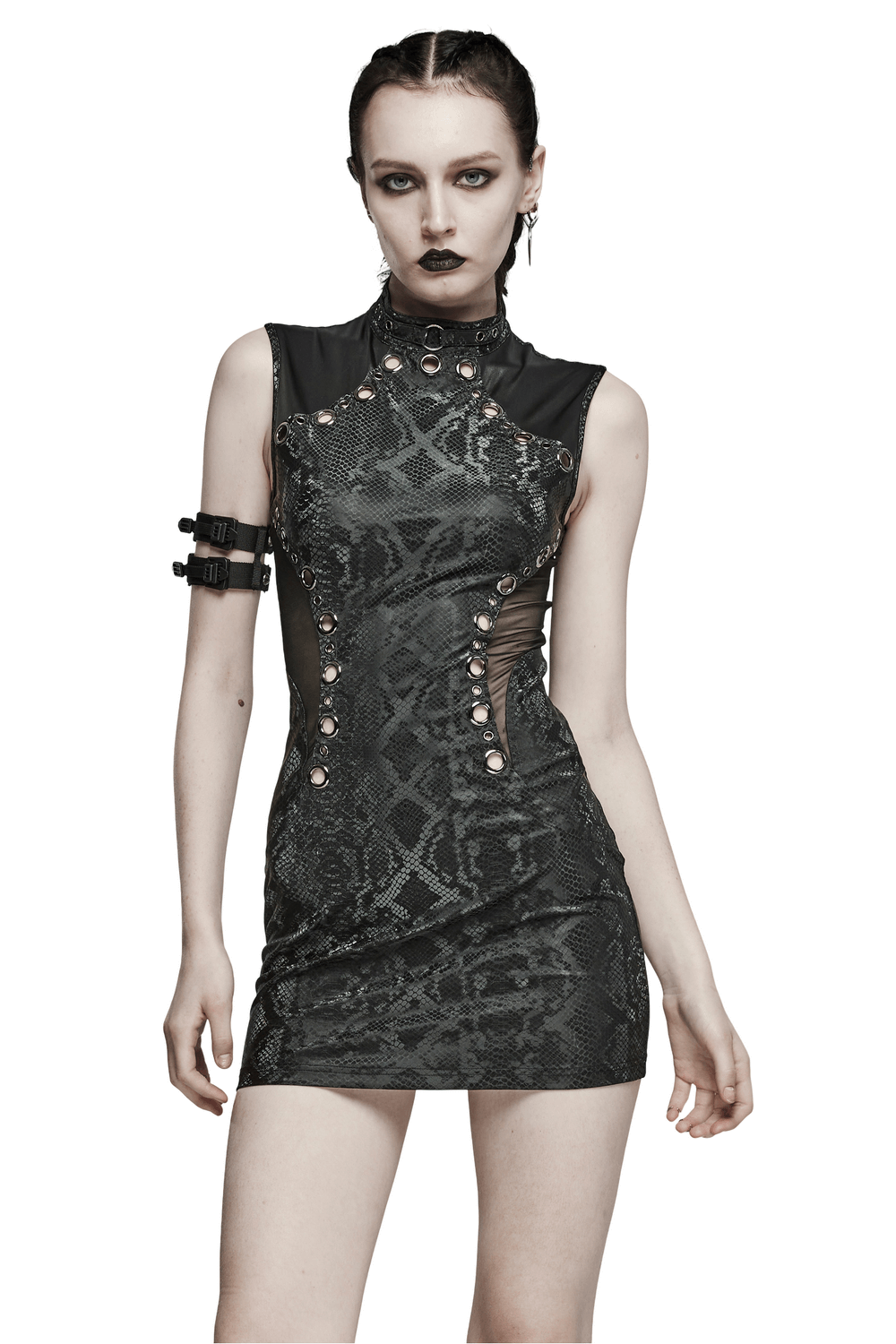 Edgy snake-skin patterned sleeveless punk dress with metal eyelets and hollow waistline for a bold look.