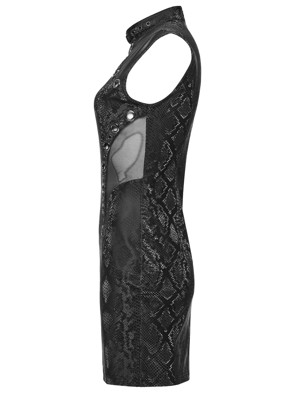 Edgy snake-skin patterned sleeveless punk dress with metal eyelets and mesh detailing, showcasing a sexy silhouette.