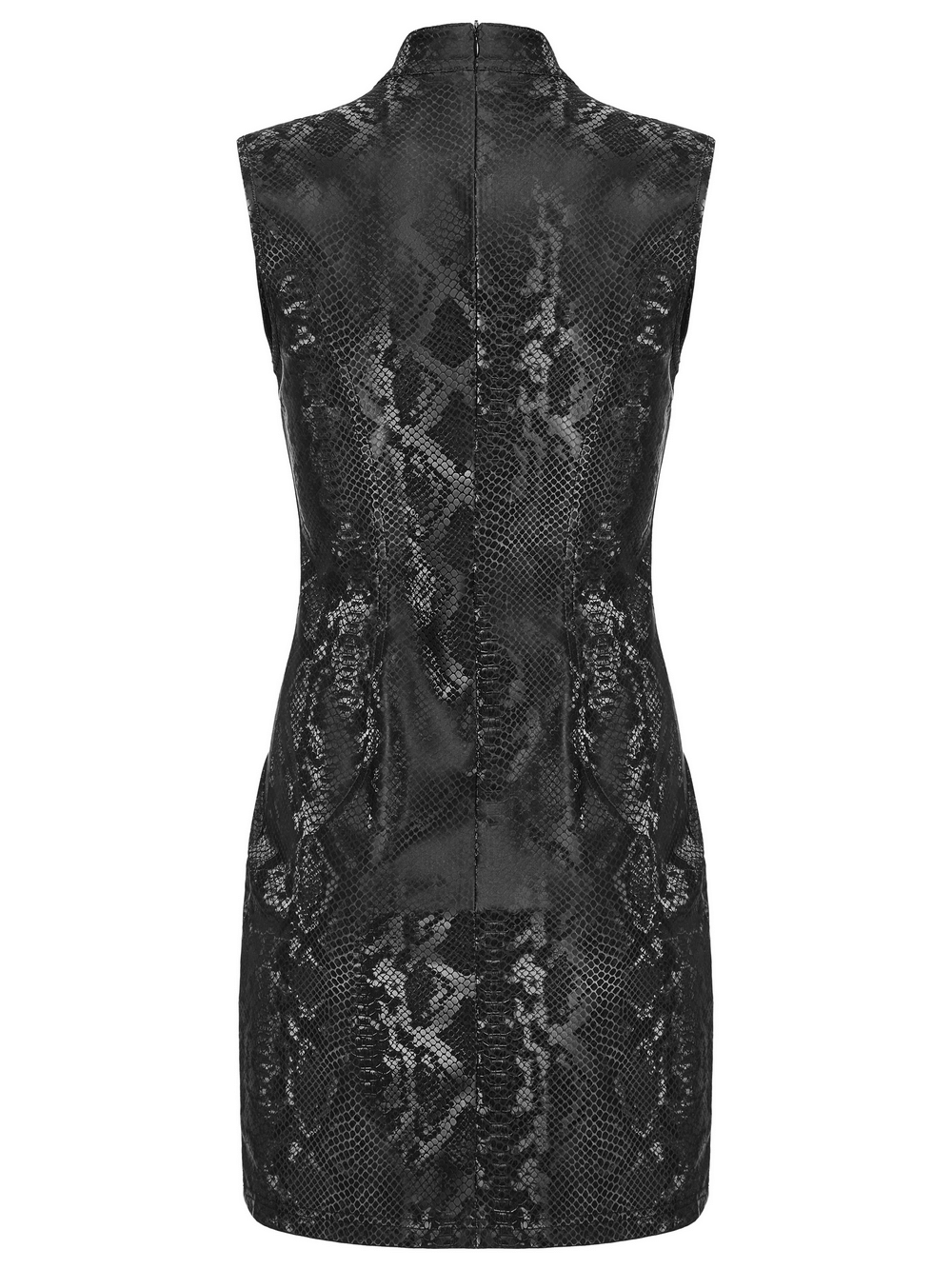 Back view of edgy snake-skin patterned sleeveless punk dress with a sleek design and zippered back closure.