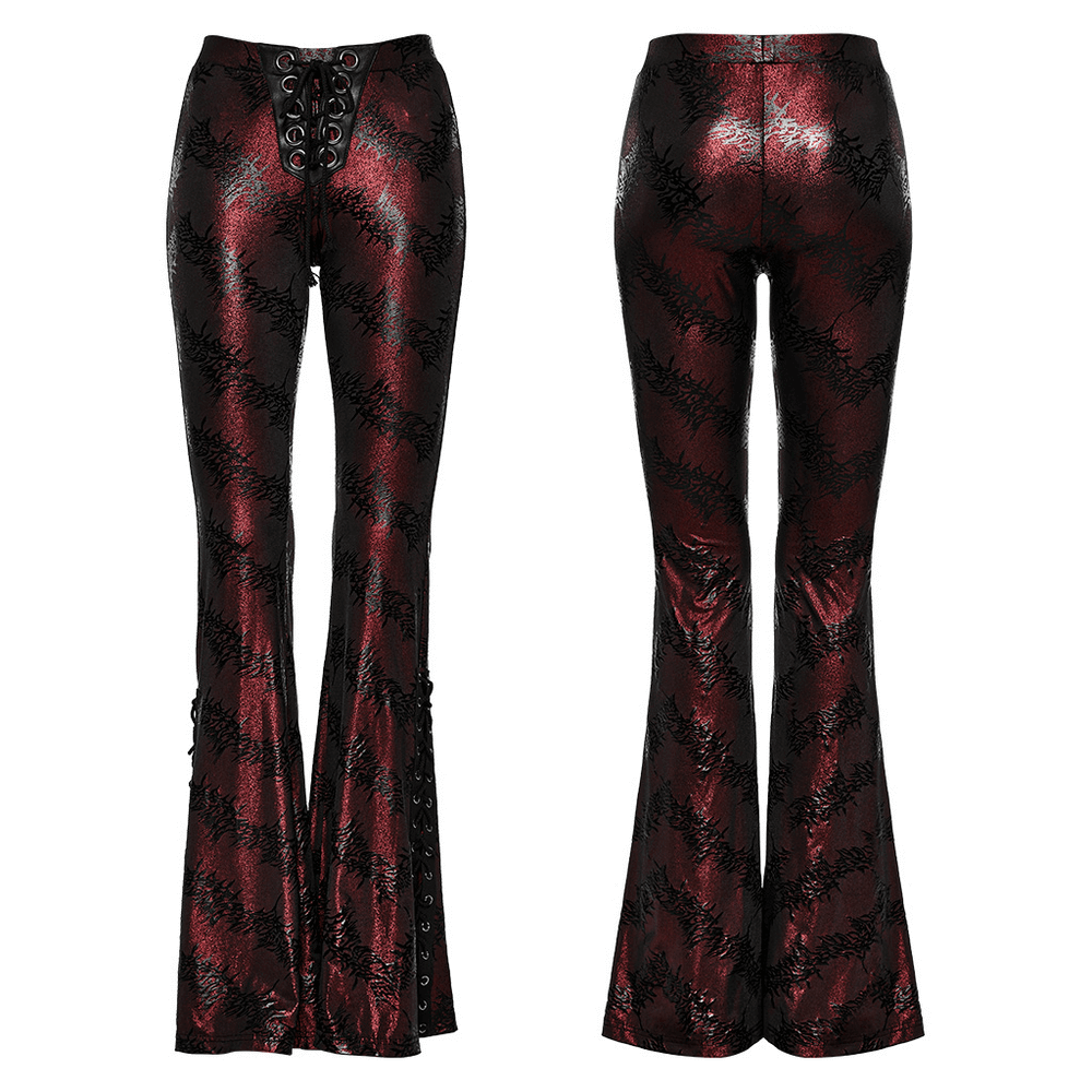 Edgy sparkly flared pants for women with drawstring and lace-up details, featuring a dramatic silhouette and unique tree texture.