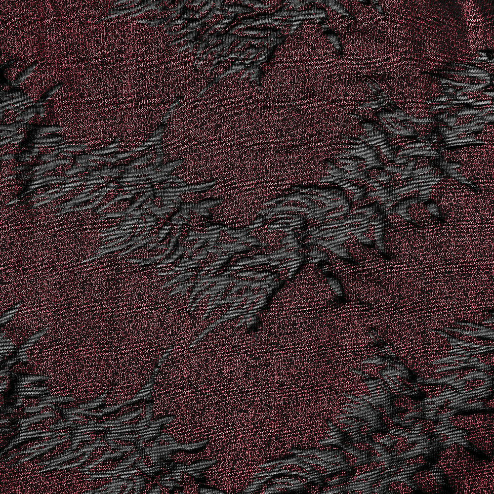 Textured maroon fabric with a unique tree-like pattern, perfect for edgy flared pants.