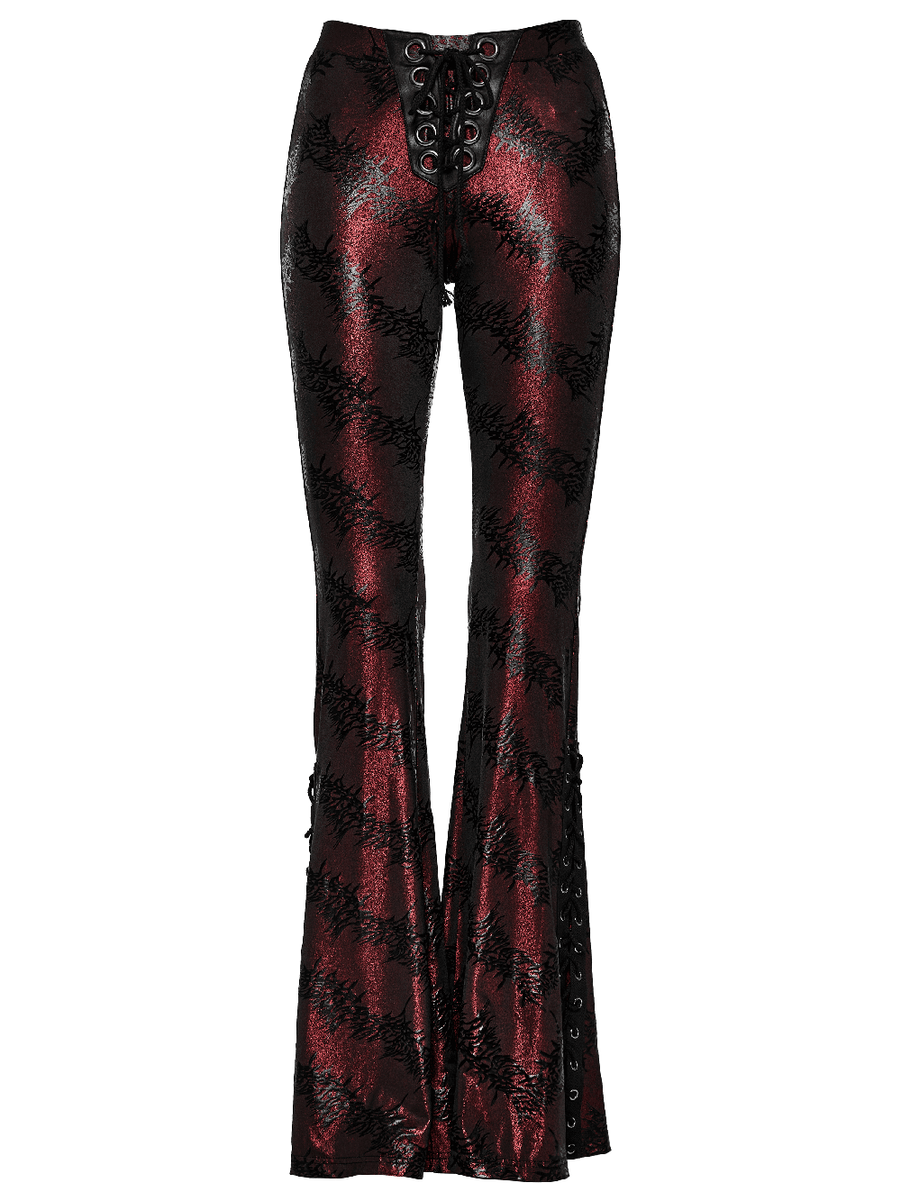 Edgy sparkly flared pants with lace-up detail and drawstring for women, showcasing a unique tree texture.