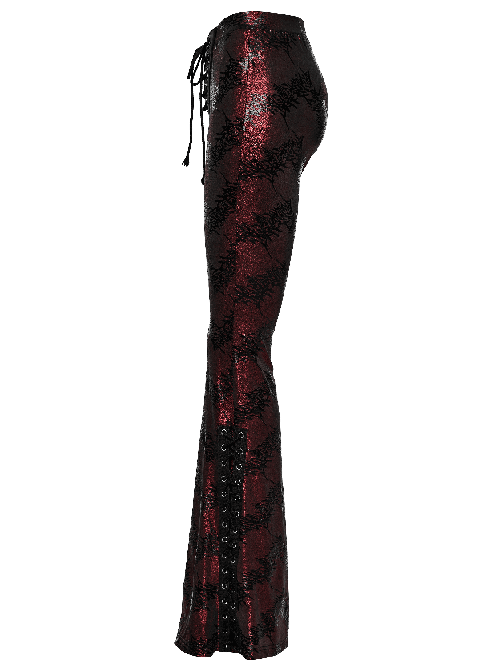 Edgy sparkly flared pants with lace-up detail and drawstring for women, showcasing dramatic elastic flares.