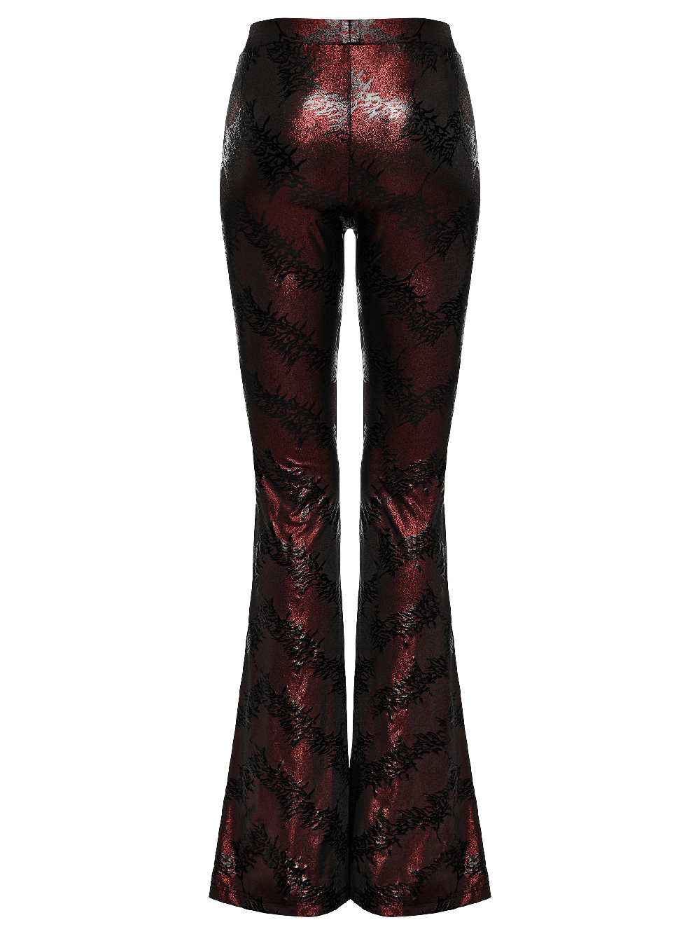 Edgy sparkly flared pants for women with dramatic lace-up detail and stretchy fabric in dark red pattern.