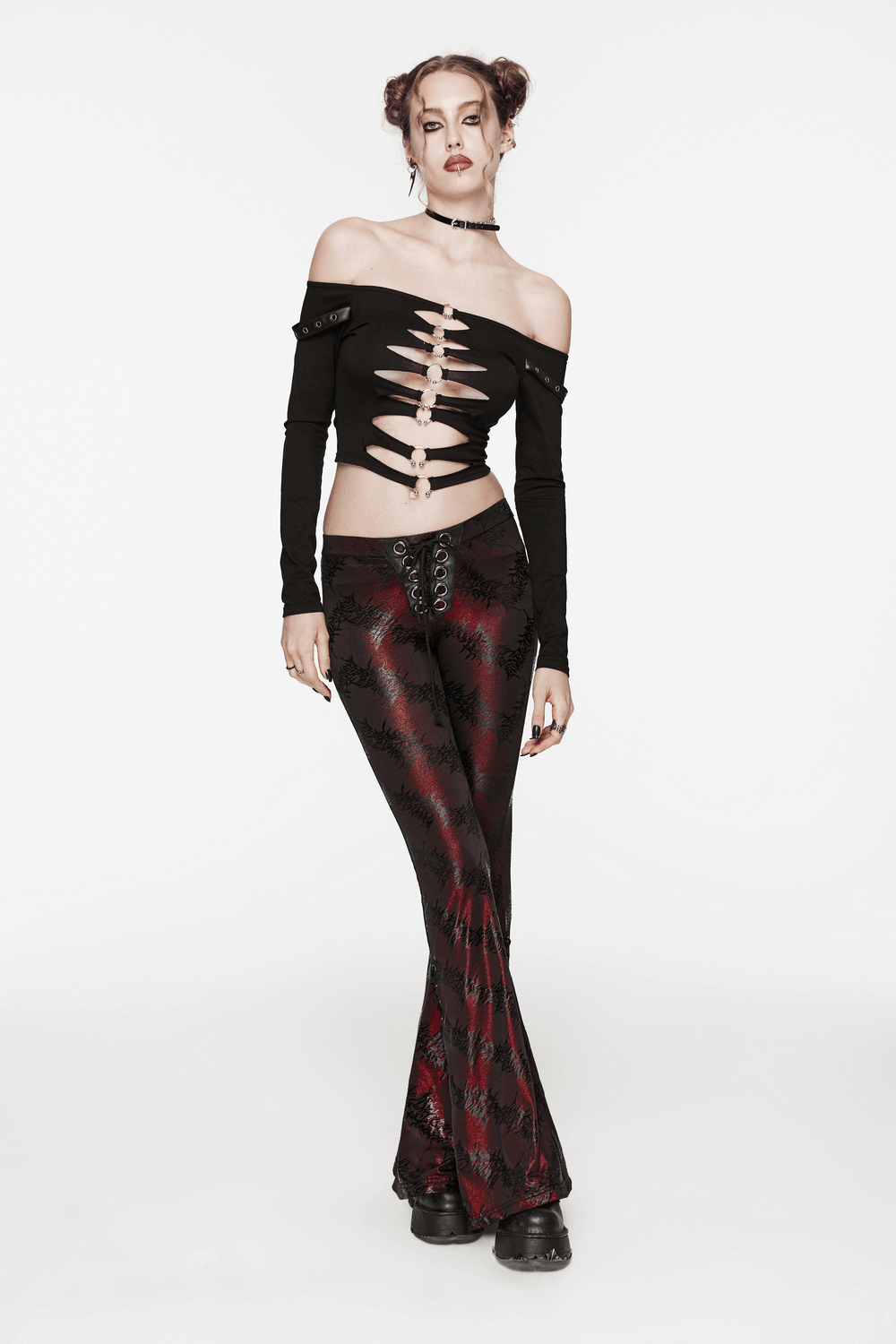 Edgy sparkly flared pants with lace-up detail, stretchy fabric, and dramatic silhouette for women.