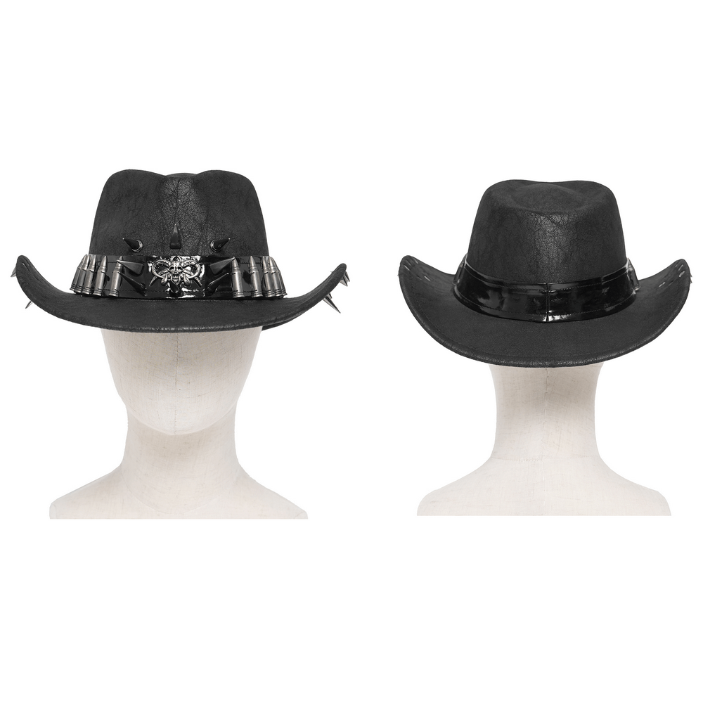 Edgy Spiked Bullet Trim Gothic Western Cowboy Hat displayed on a mannequin, showcasing its bold spikes and dark ram emblem.