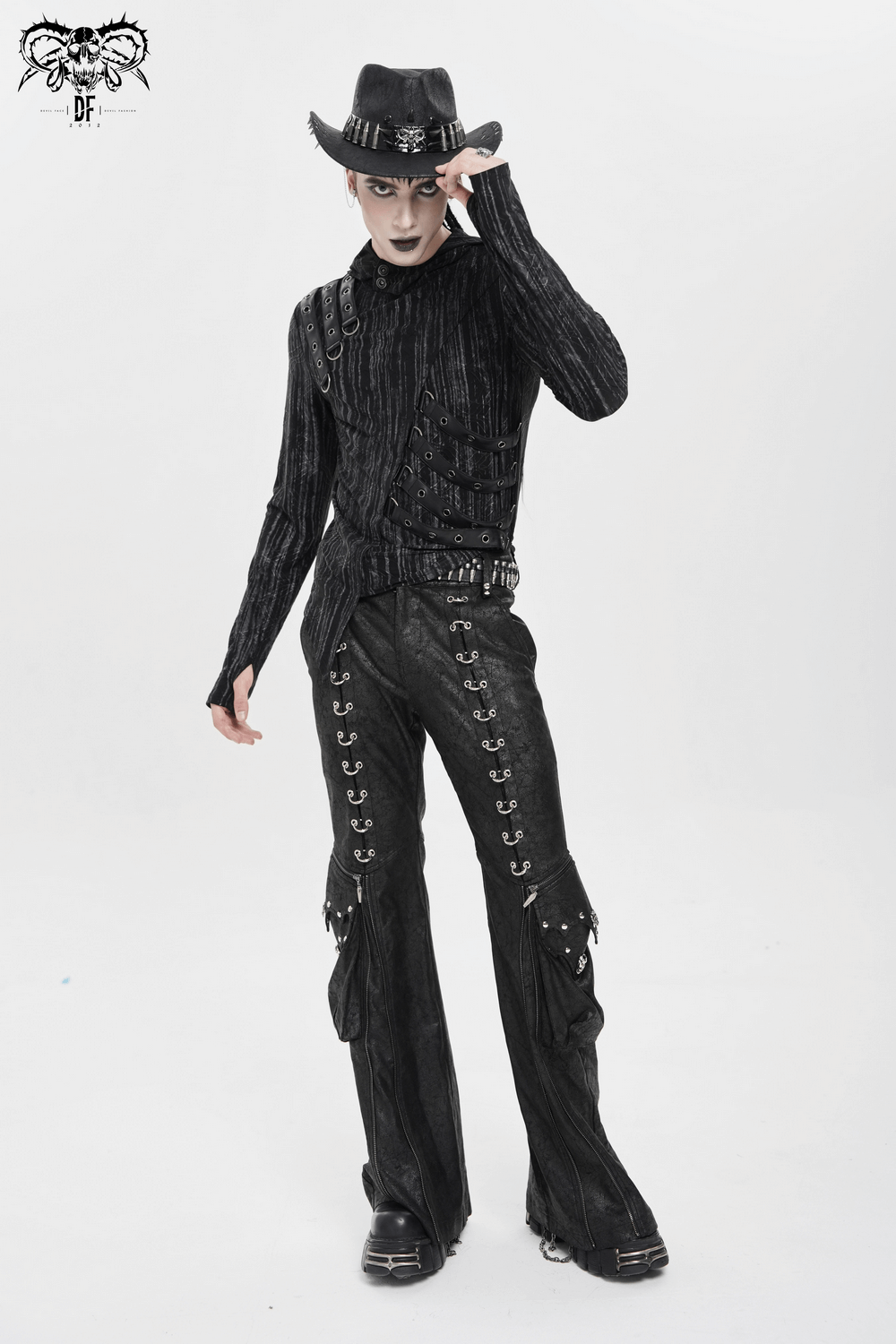 Handsome model wearing Edgy Spiked Bullet Trim Gothic Western Cowboy Hat with black Gothic clothing.