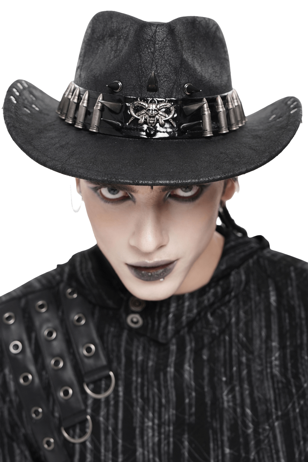 Edgy Spiked Bullet Trim Gothic Western Cowboy Hat worn by a model with dark makeup and punk style attire.