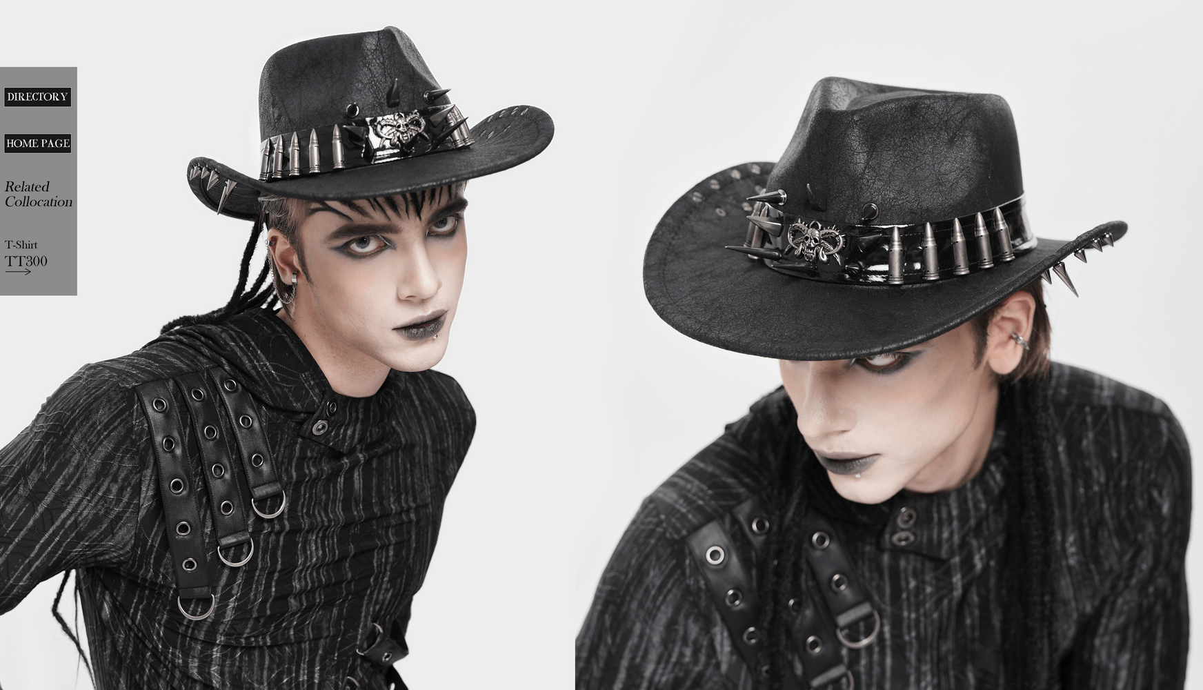 Edgy Spiked Bullet Trim Gothic Western Cowboy Hat worn by model with dark makeup and punk attire.