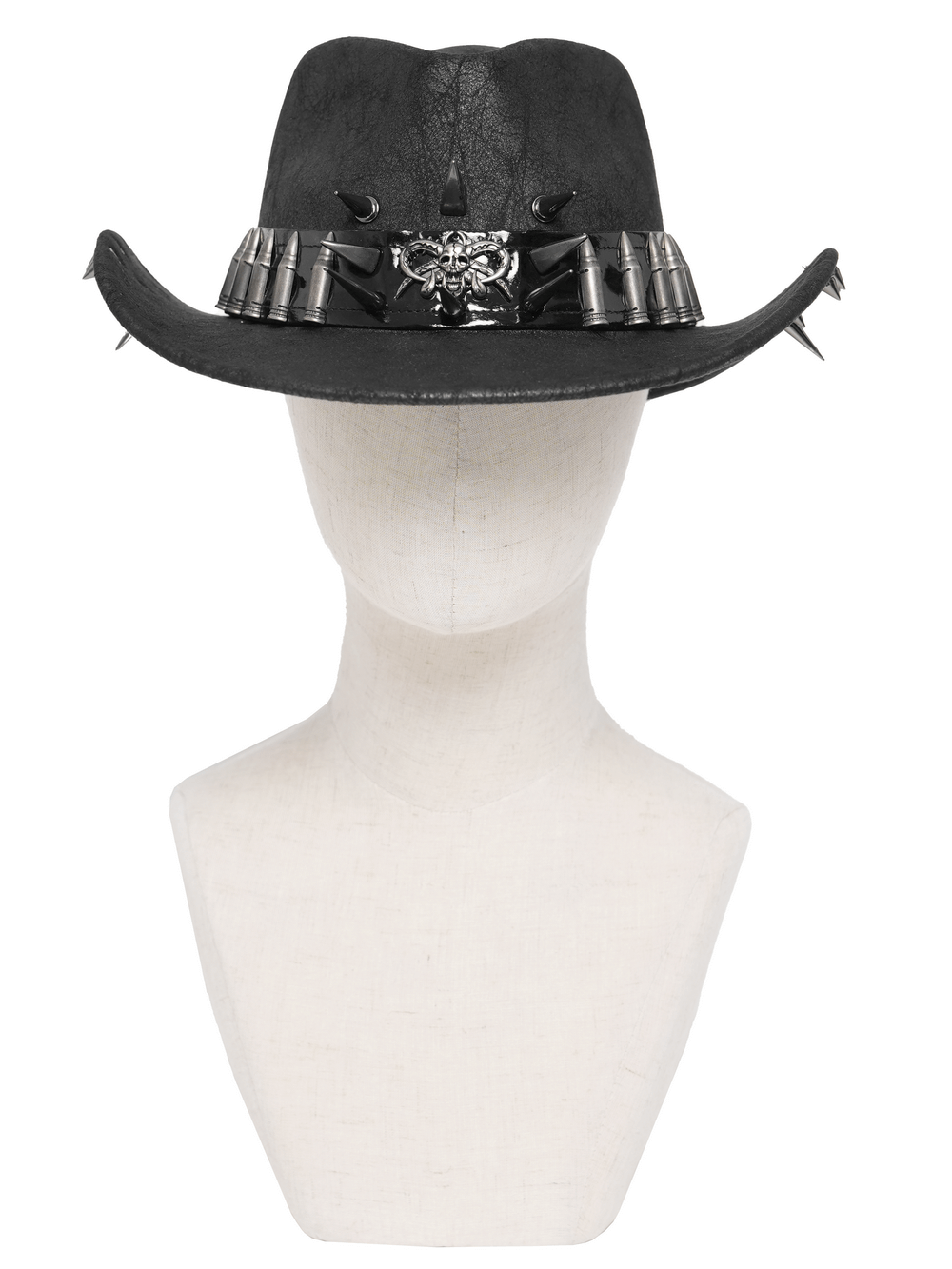 Edgy Spiked Bullet Trim Gothic Western Cowboy Hat featuring metal spikes and bullet studs, perfect for goths and rockers.
