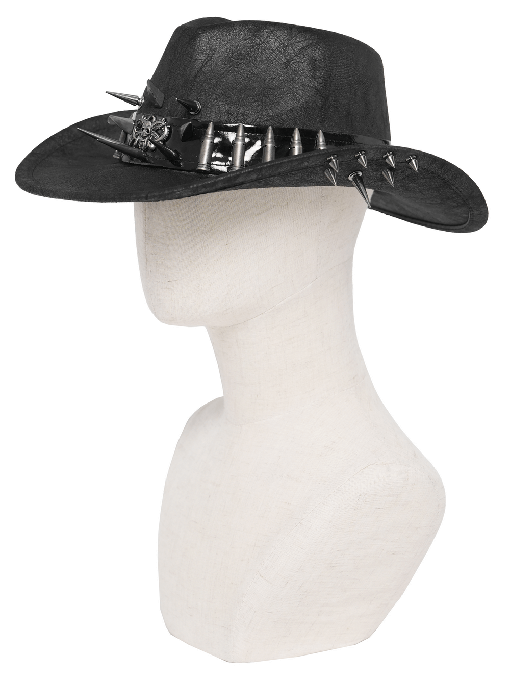 Edgy Spiked Bullet Trim Gothic Western Cowboy Hat featuring metal spikes and a dark ram emblem for a punk rock look.