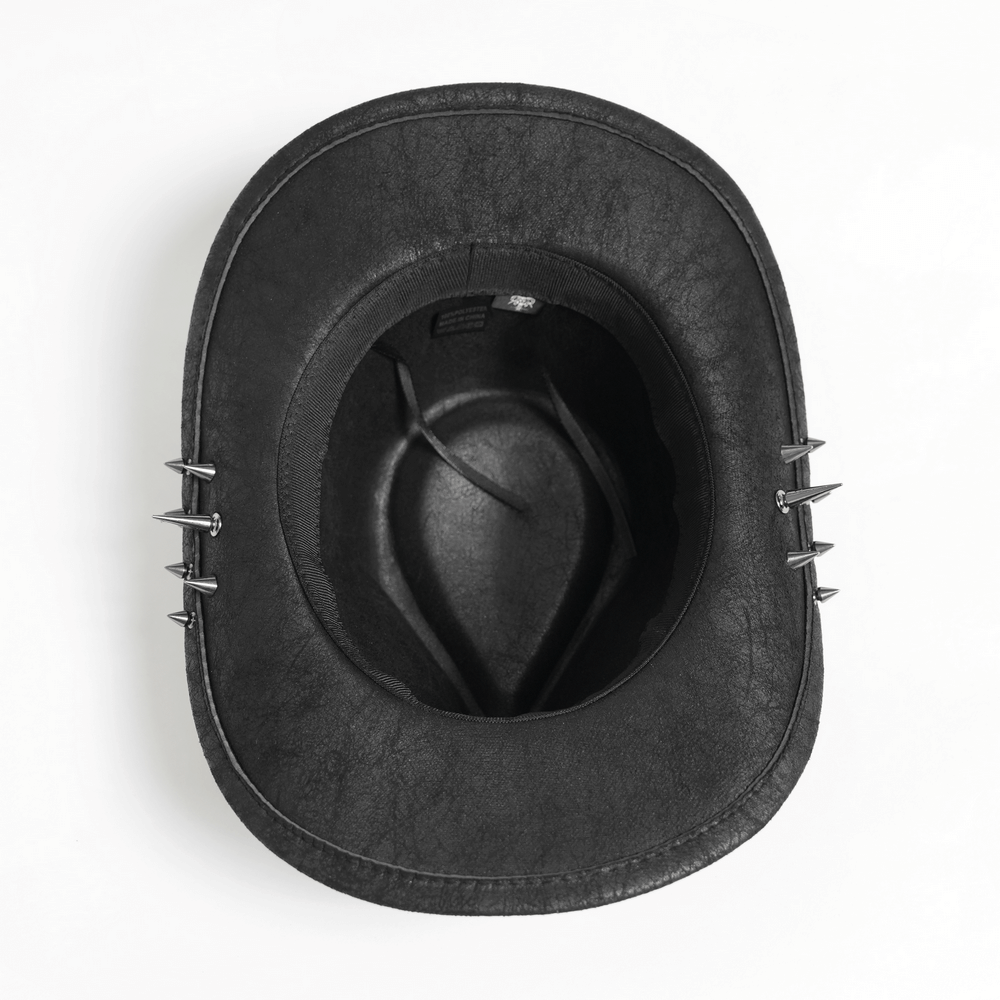 Edgy Spiked Bullet Trim Gothic Western Cowboy Hat interior view with metal accents and black faux leather.