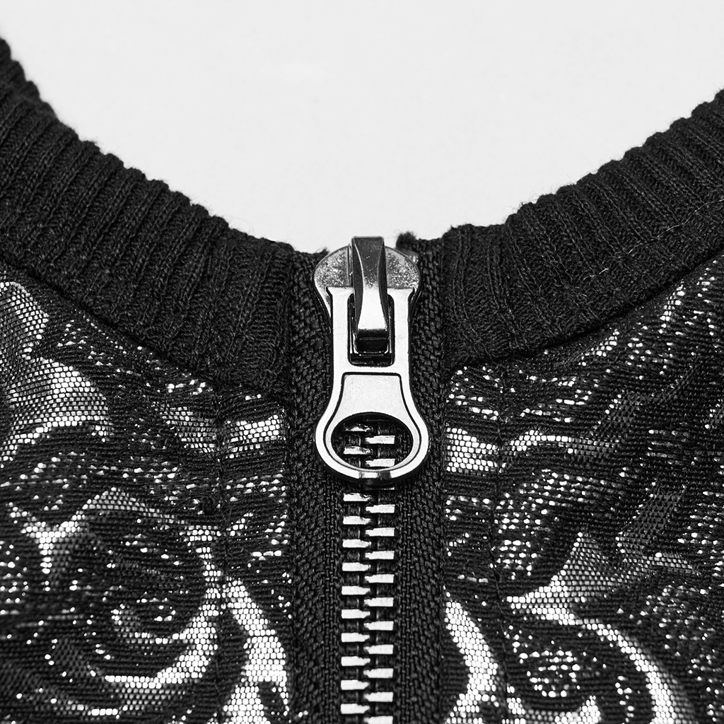 Close-up of the zippered detail on a Steampunk Jacquard Waistcoat, showcasing intricate fabric and design elements.