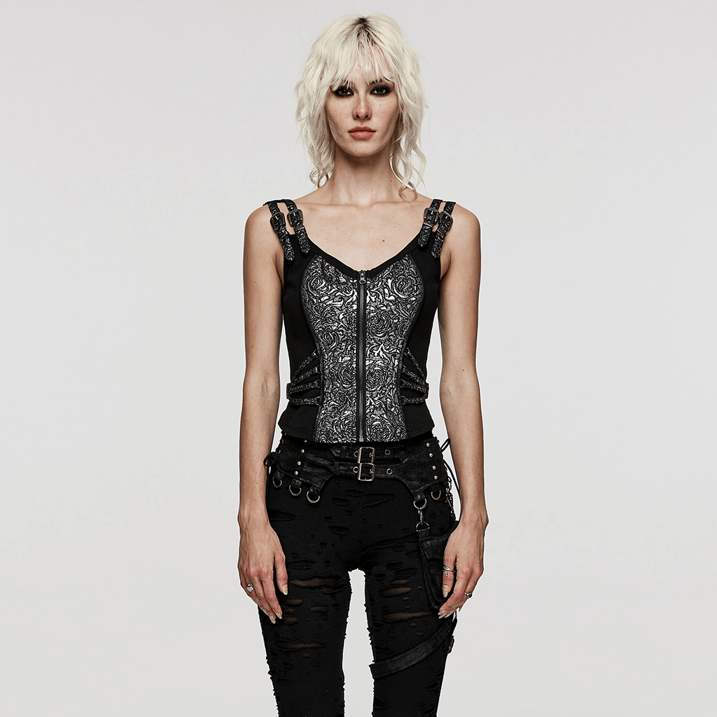 Edgy Steampunk zippered jacquard waistcoat for women, showcasing vintage style and modern design with adjustable shoulder loops.