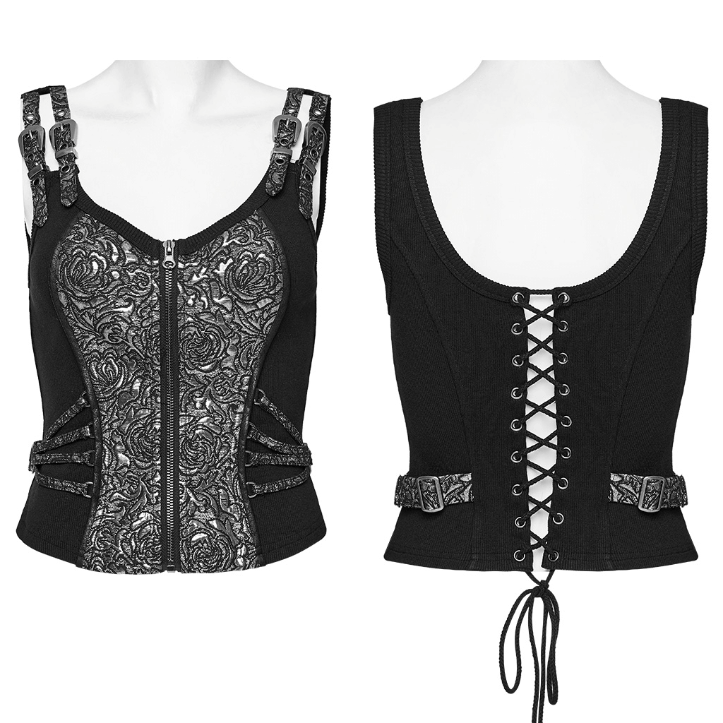 Edgy steampunk zippered jacquard waistcoat for women featuring decorative straps and adjustable fit.