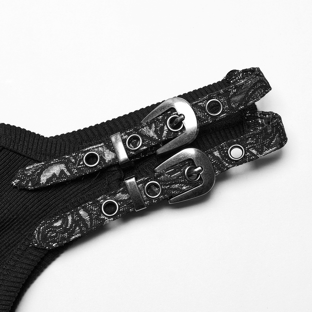 Close-up of decorative buckled straps on an edgy black waistcoat, showcasing steampunk style and details.