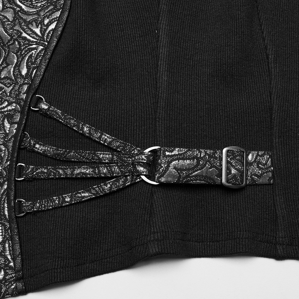 Close-up of the decorative loop straps and buckle on a Steampunk Jacquard Waistcoat for women.