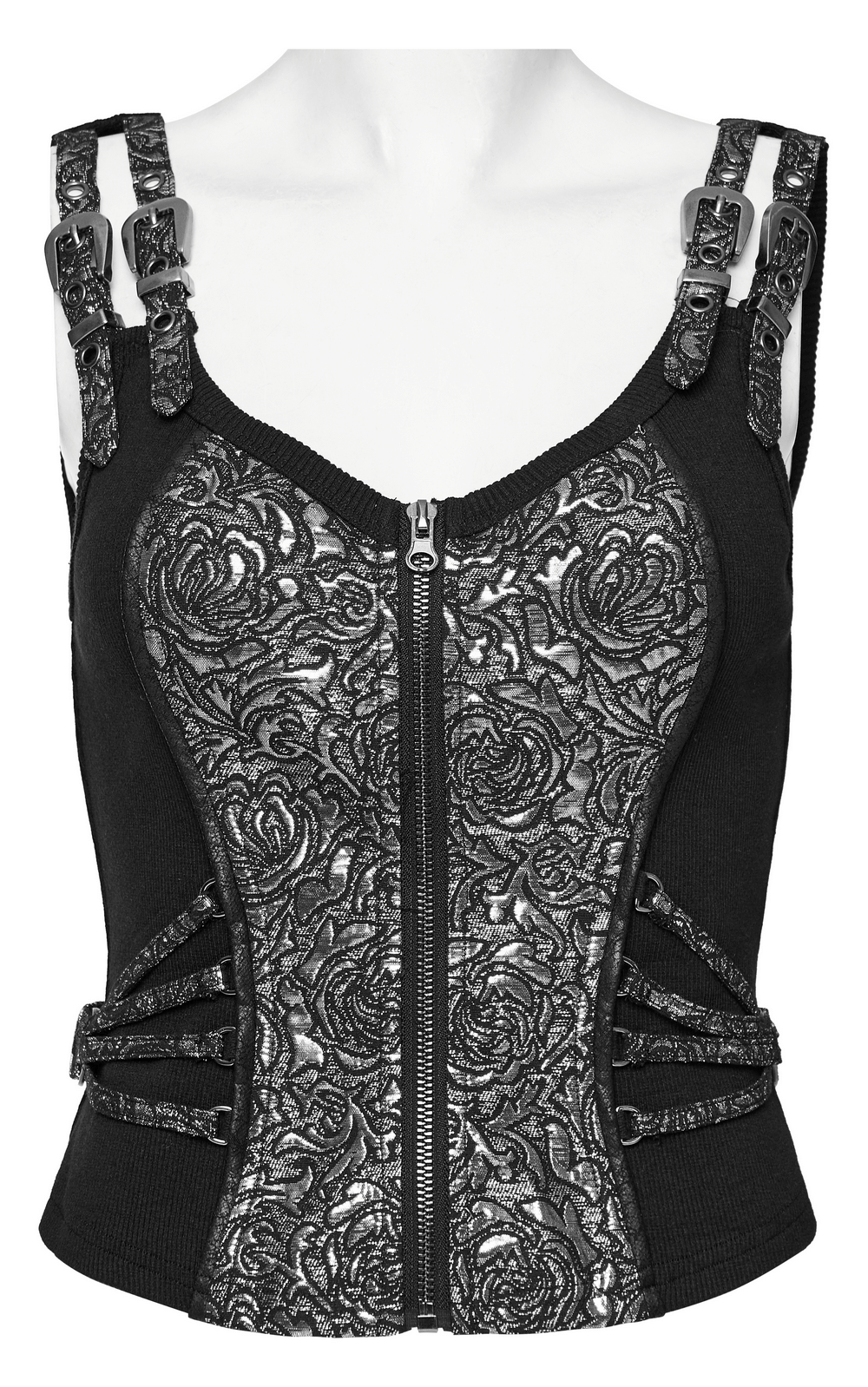Edgy Steampunk zippered jacquard waistcoat for women with floral design and adjustable straps.