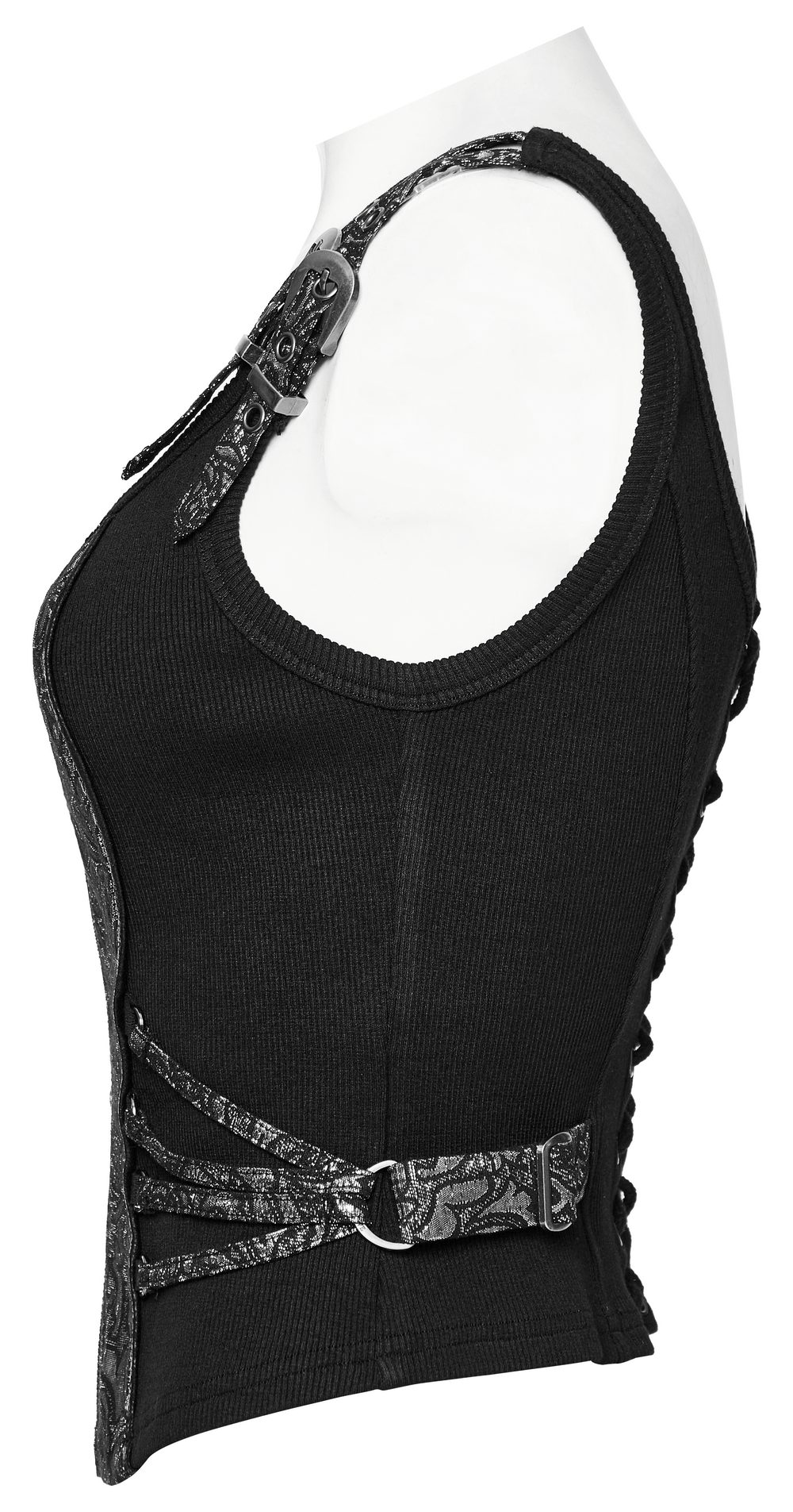 Edgy black steampunk jacquard waistcoat featuring a zippered front and decorative straps for a customizable fit.