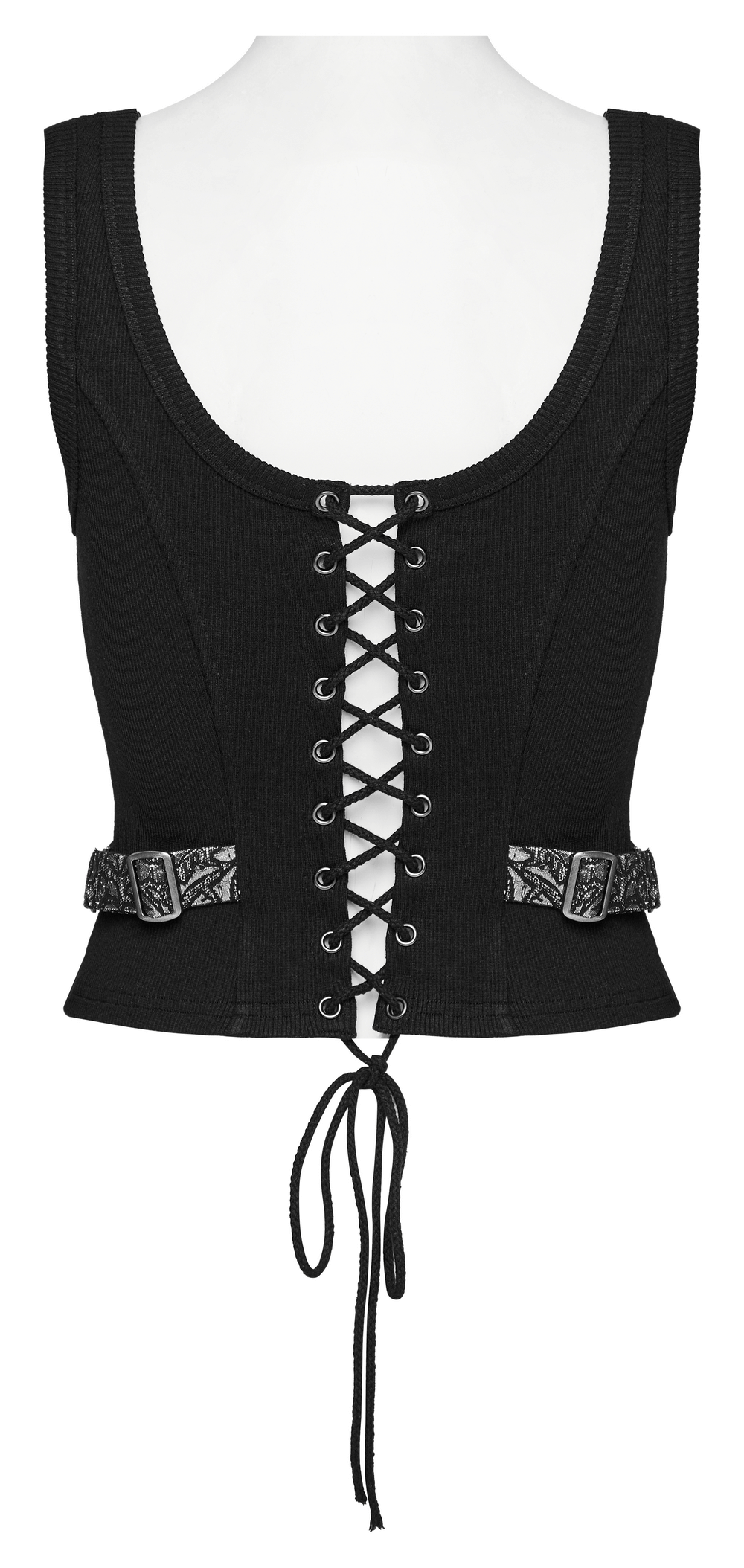 Back view of a stylish black waistcoat featuring lace-up detail and decorative loops for an edgy steampunk look.