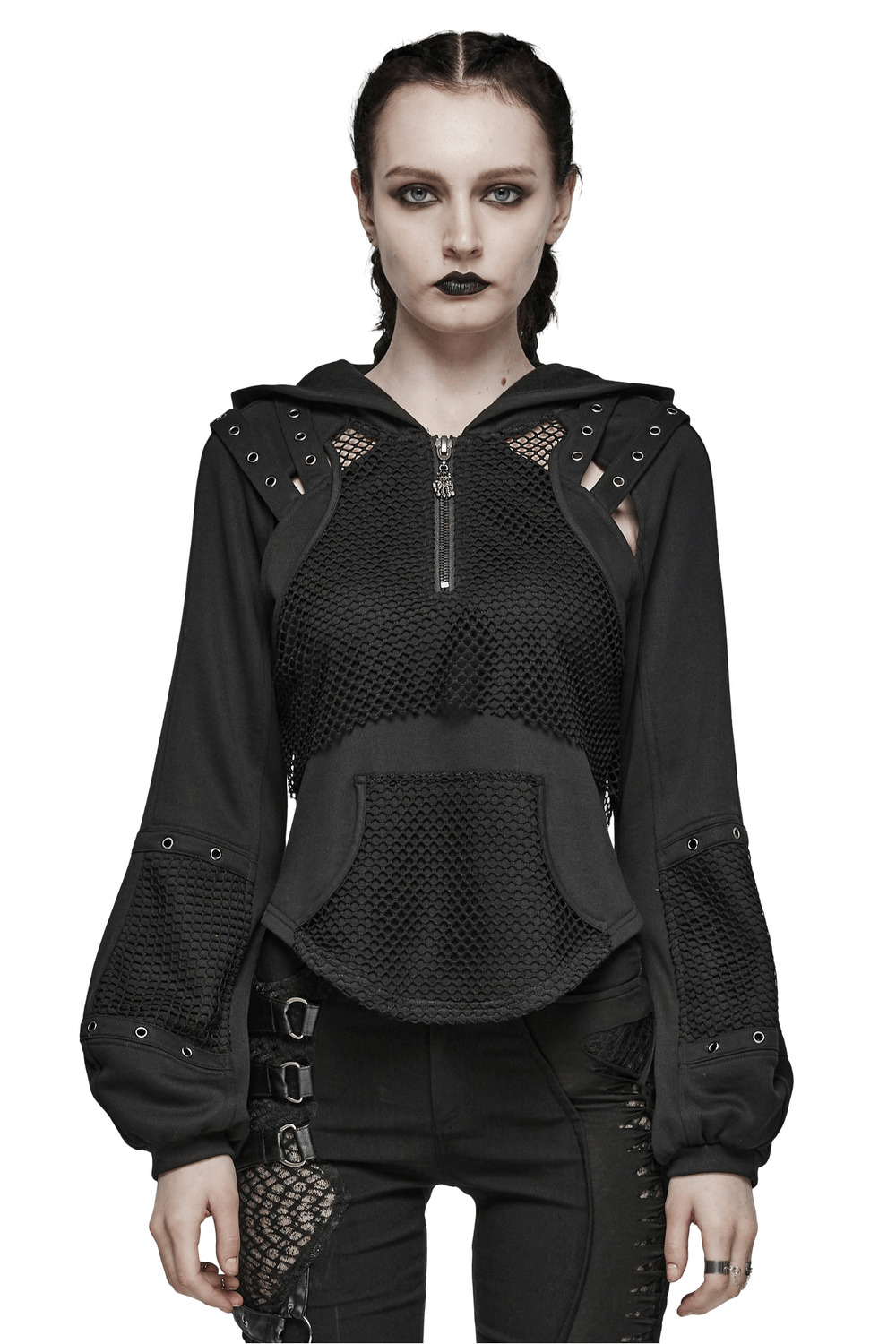 Edgy Streetwear Punk Sweatshirt with Mesh Accents