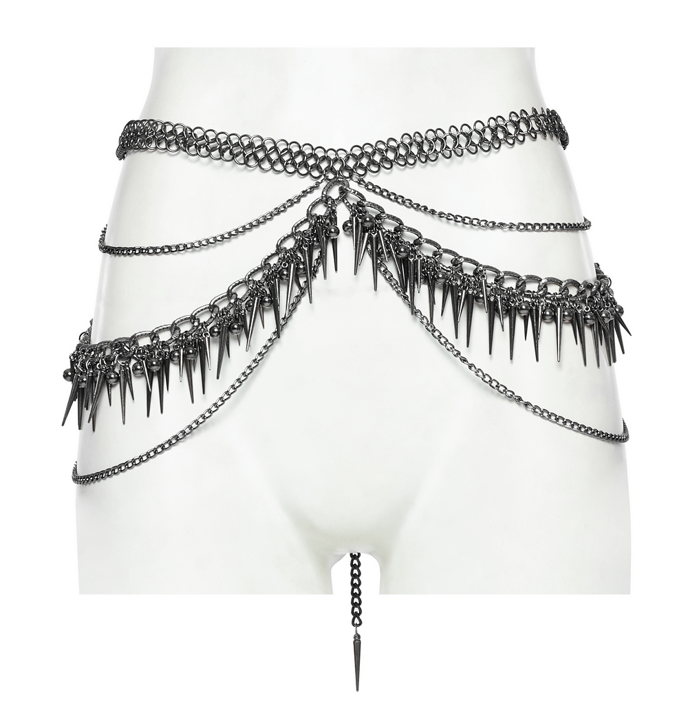 Edgy metal waist chain with rivet details, featuring spikes and chains for a bold punk style.