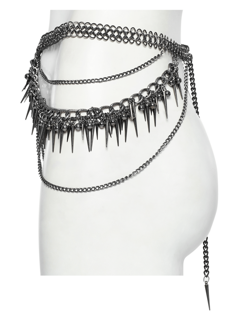 Edgy metal waist chain with rivet details and spikes, perfect for adding punk flair to any outfit.