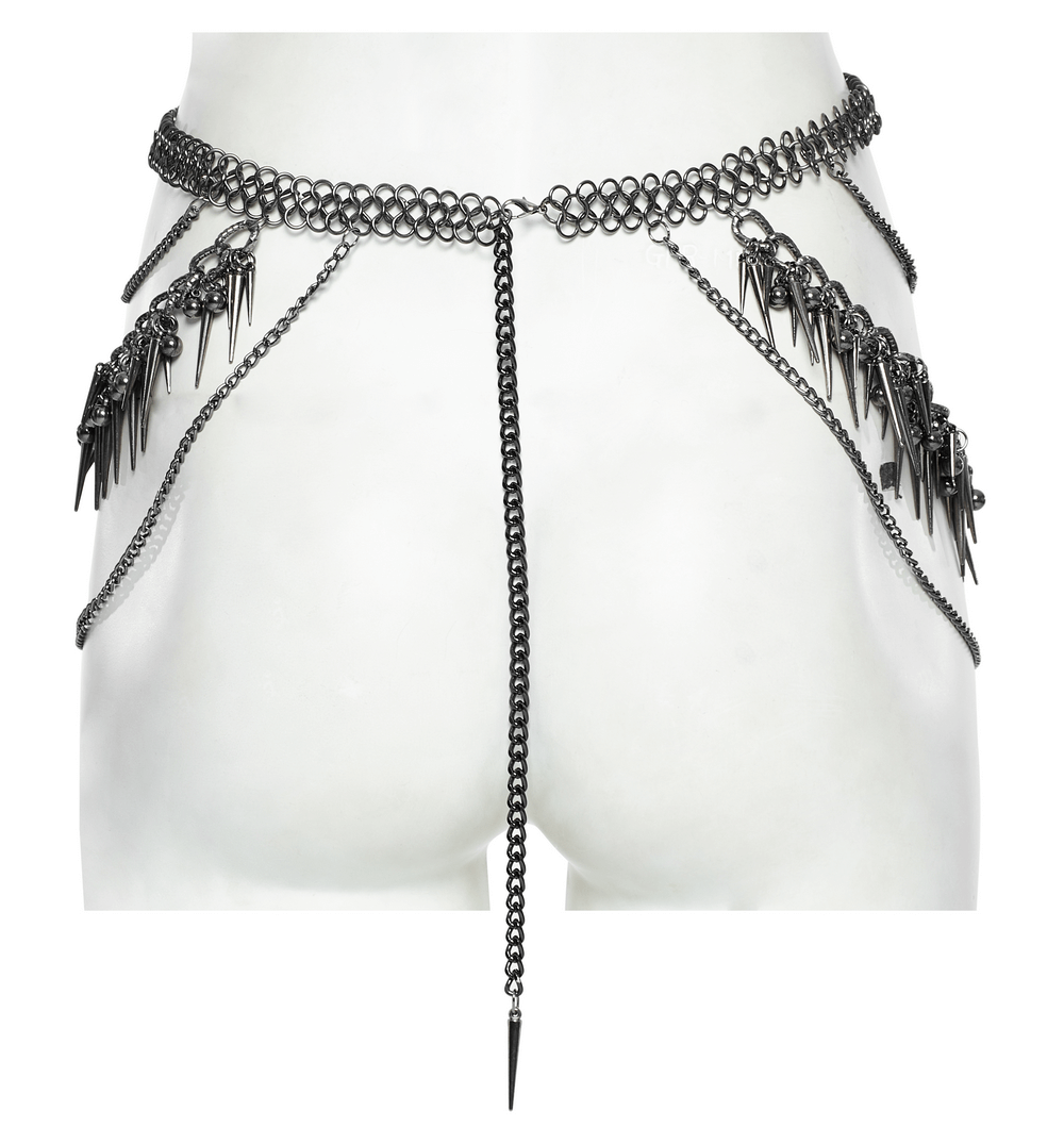 Edgy metal waist chain with rivet details showcased on a mannequin, perfect for bold punk fashion.