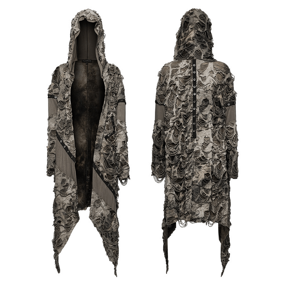 Edgy Tattered Hooded Trench Coat with Asymmeric Hem