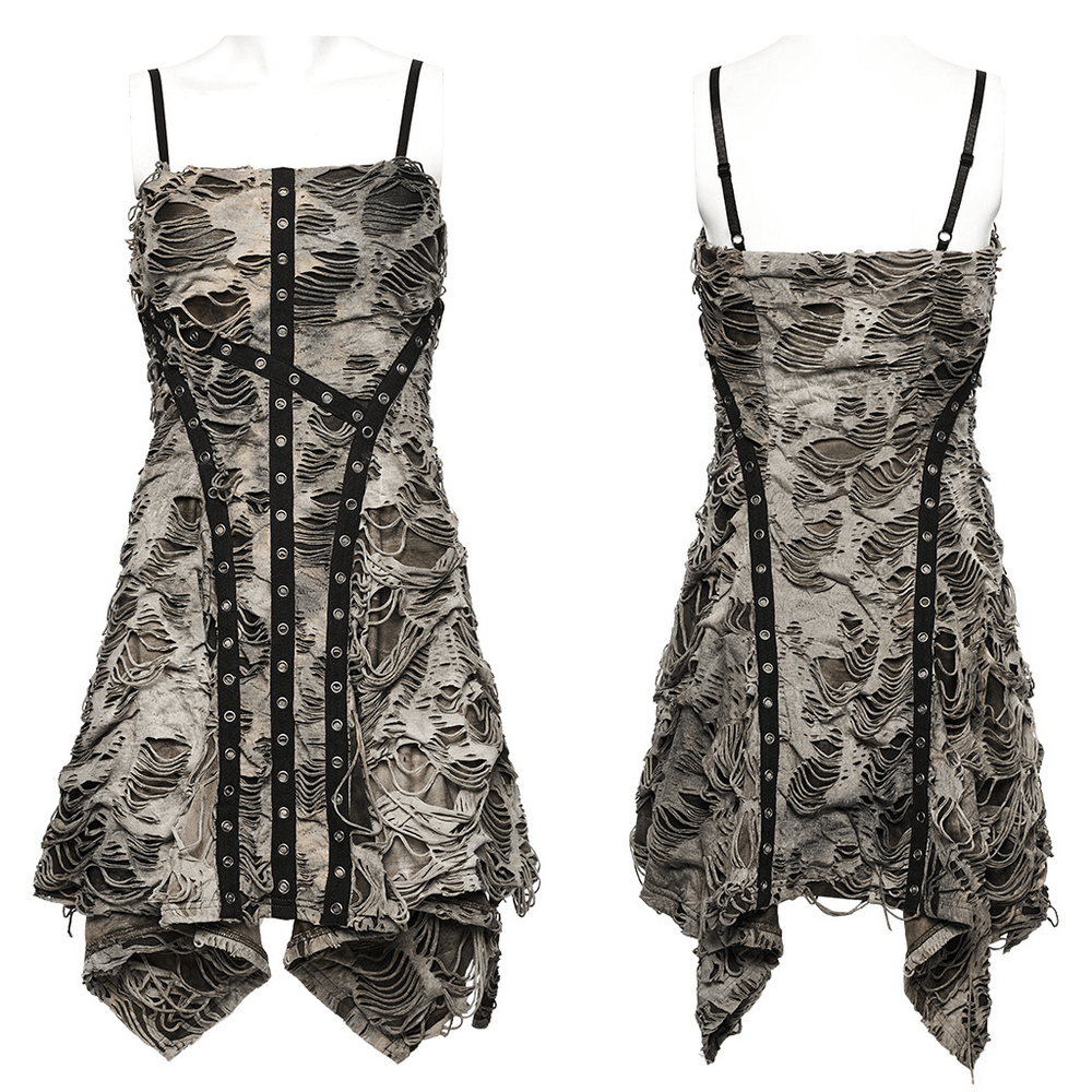 Edgy tie-dye knit slip dress with adjustable straps showcasing a distressed texture and urban grunge style.