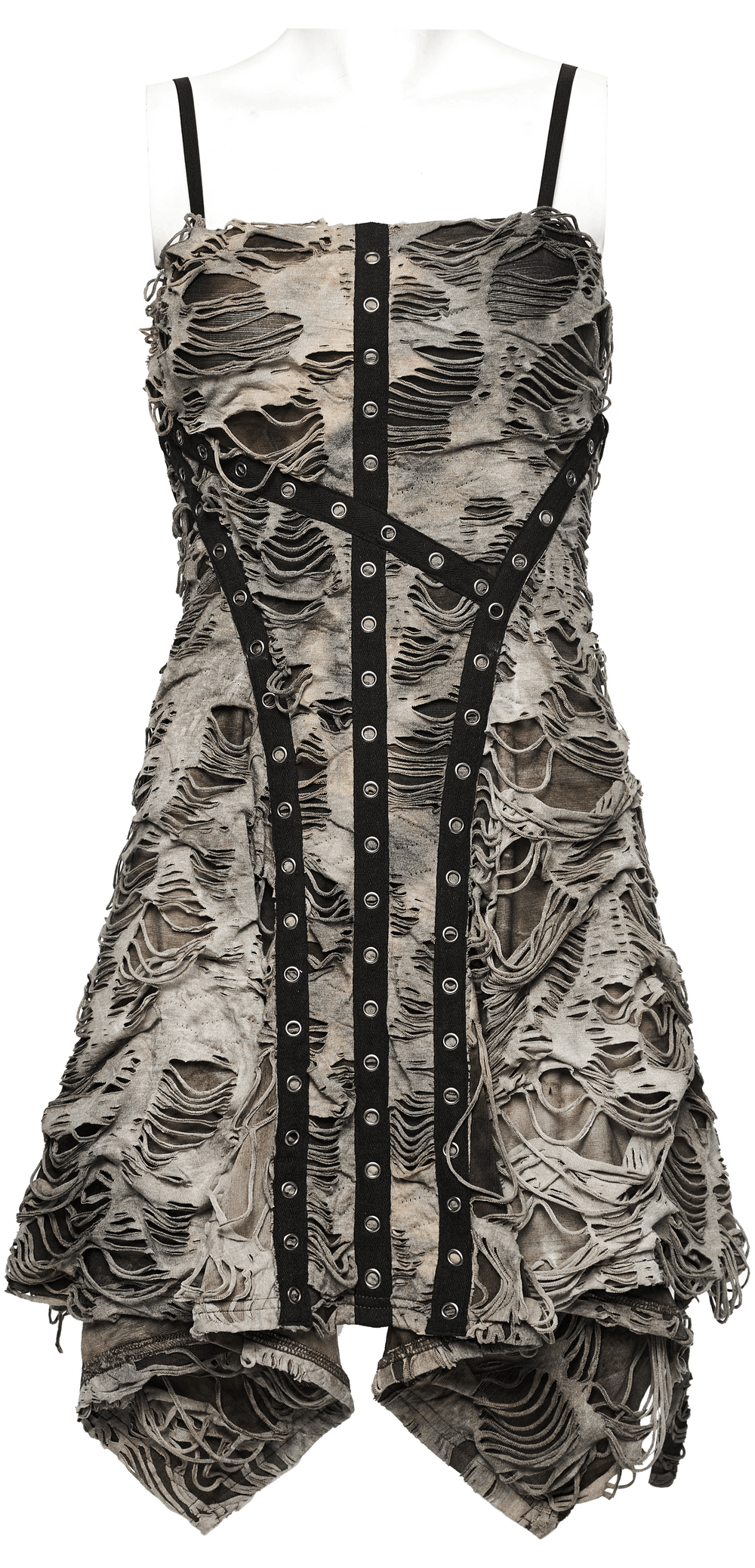 Edgy tie-dye knit slip dress with adjustable straps, styled with distressed elegance and cross-decorated ribbon.