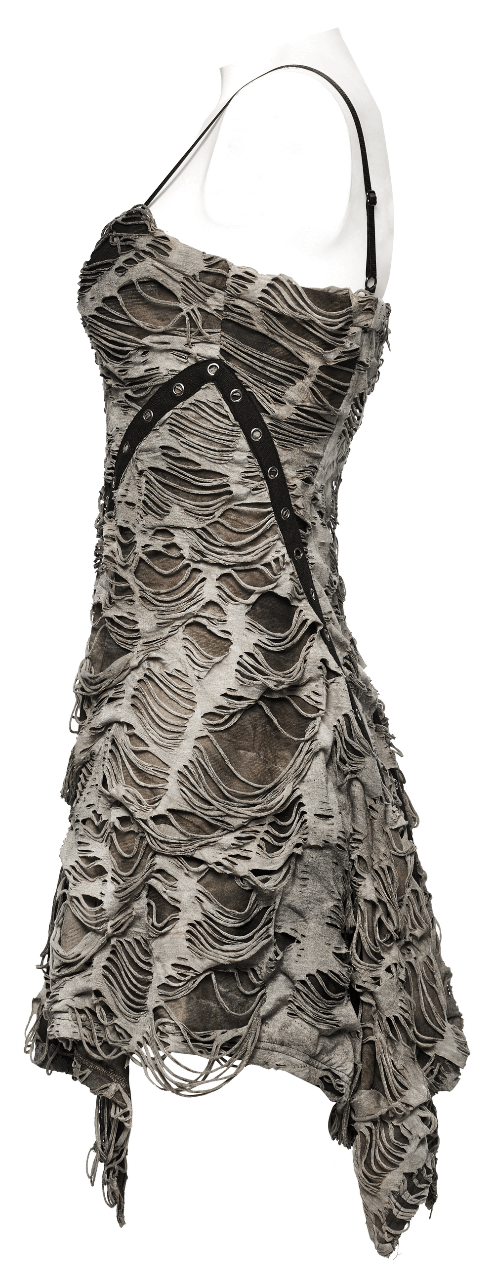 Edgy tie-dye knit slip dress with adjustable straps and cross-decorated corn ribbon for urban grunge style.