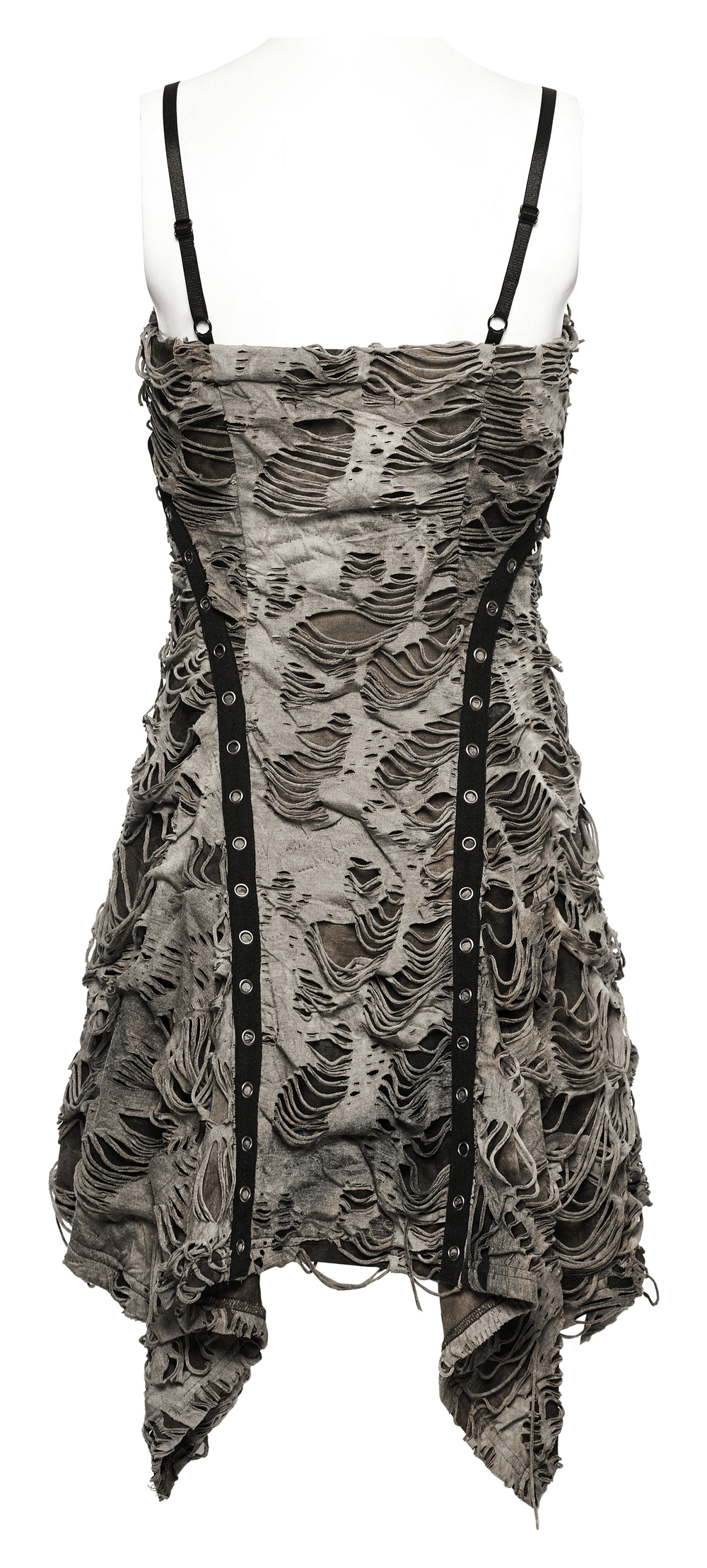 Edgy tie-dye knit slip dress with adjustable straps, showcasing a tattered texture and unique back design.