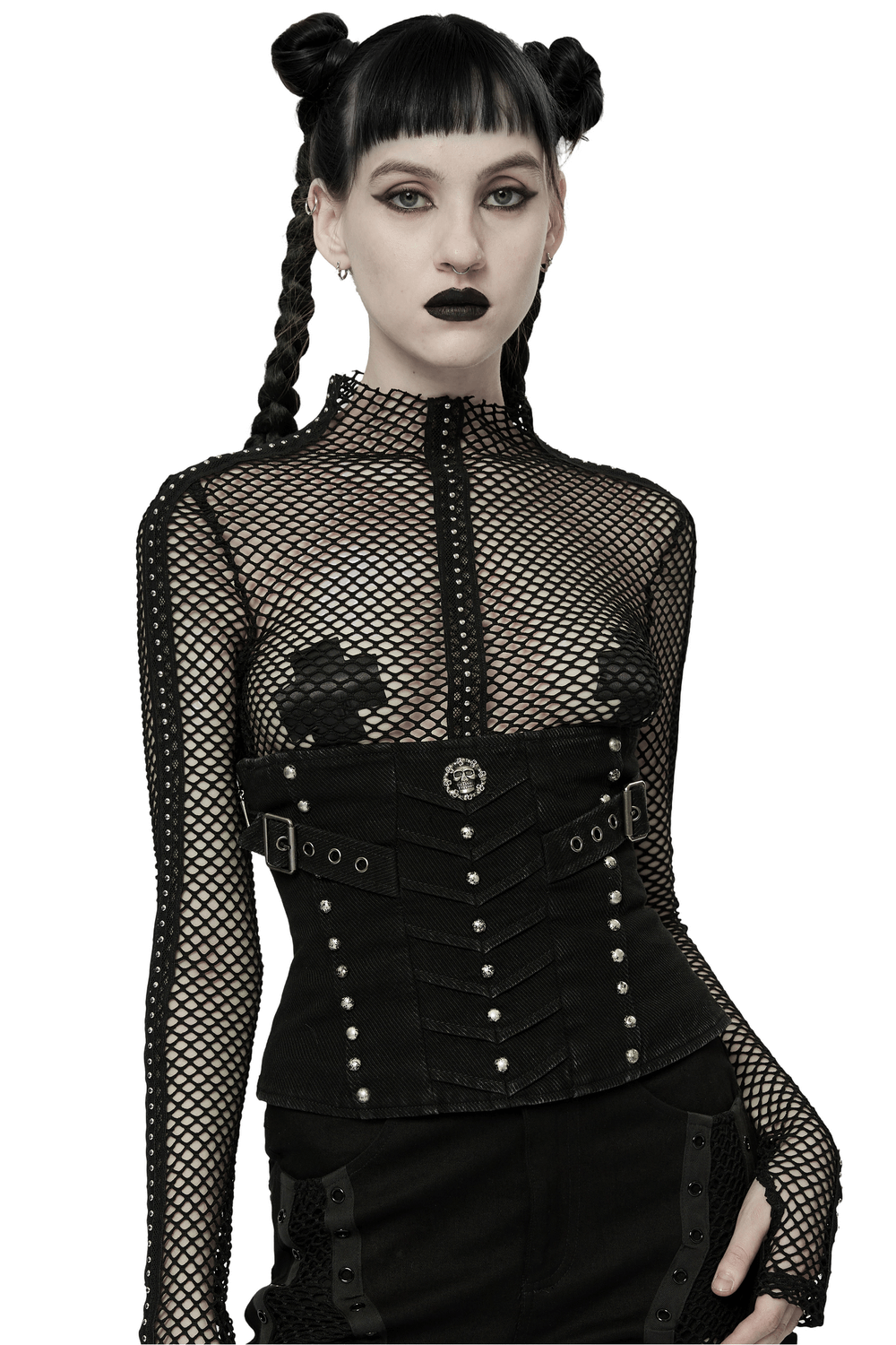 Edgy Twill Fabric Corset with Metal Skull Rivets