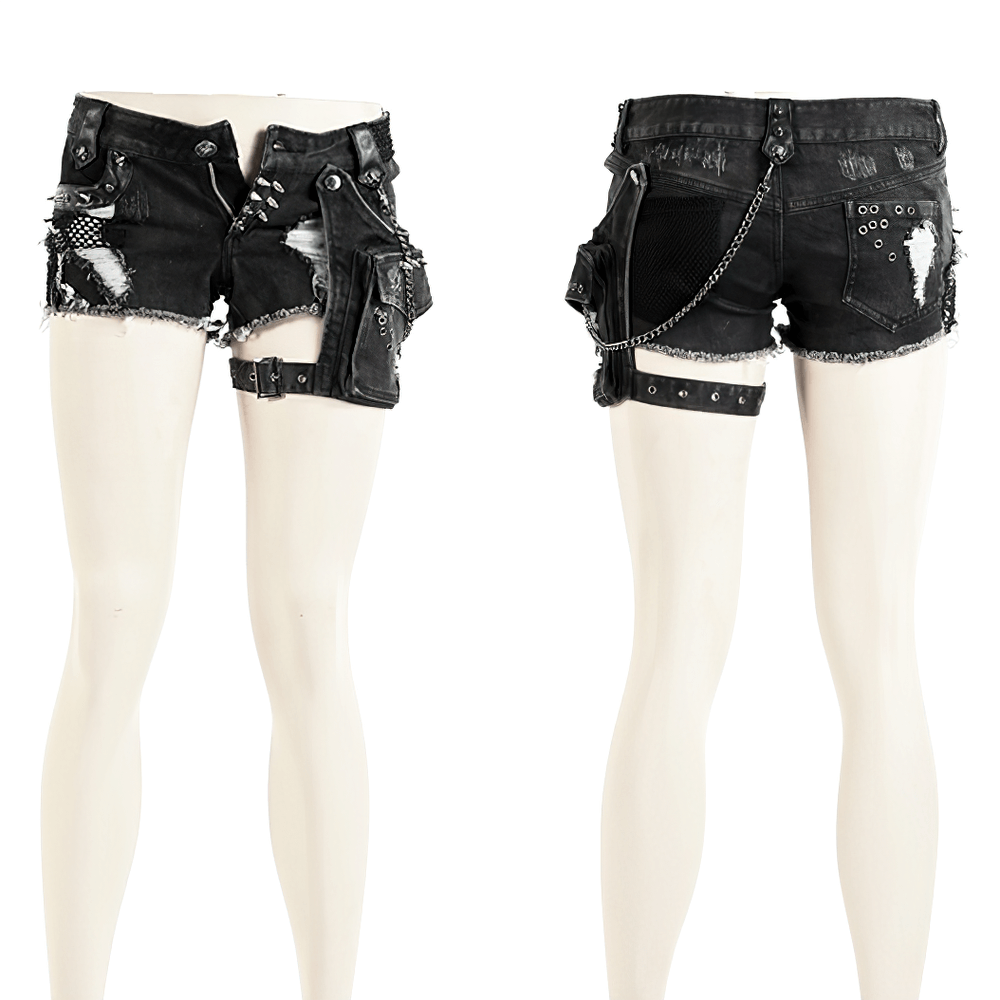 Edgy women's black denim shorts with punk details, featuring distressed design and metal accents.