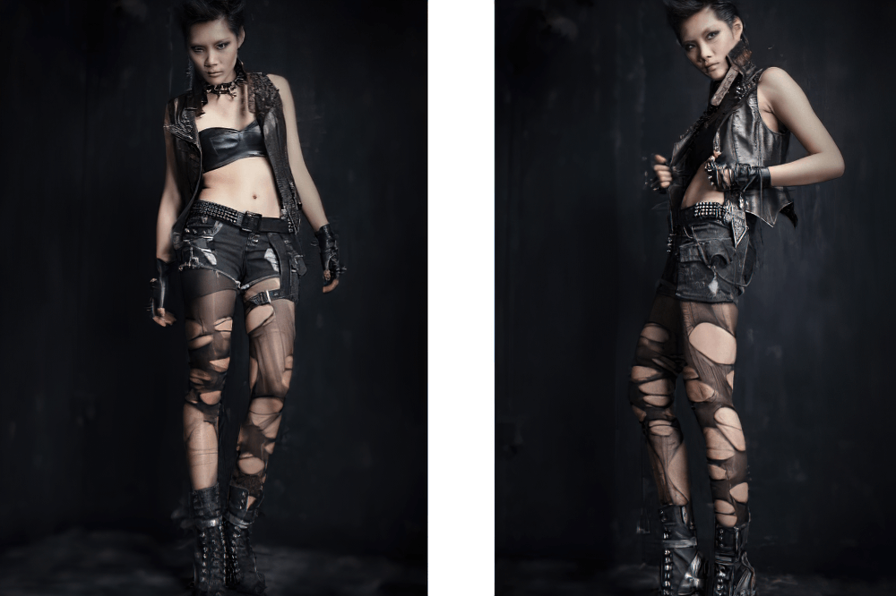 Edgy woman in black denim shorts and cropped top with punk details, showcasing a bold urban style.